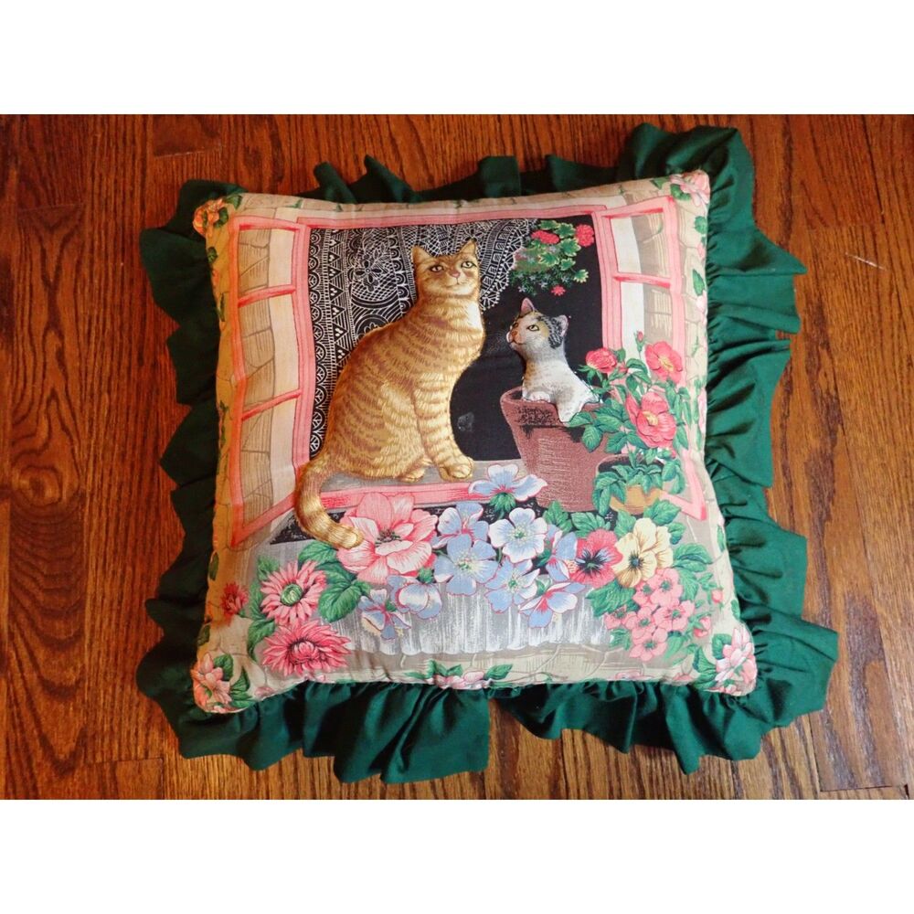 Vintage Green Cat Lady Pillow Mom & Offspring Floral Botanical Cabincore Ruffles